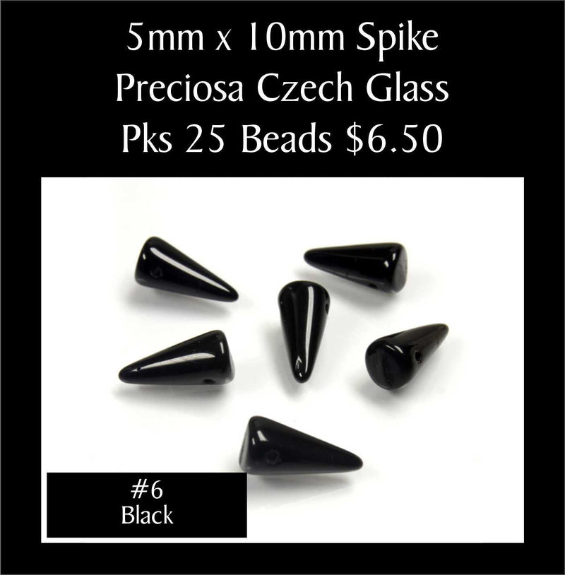 Loose 5 x 10mm Preciosa Czech glass spike beads in opaque black on a white background, sold in packs of 25