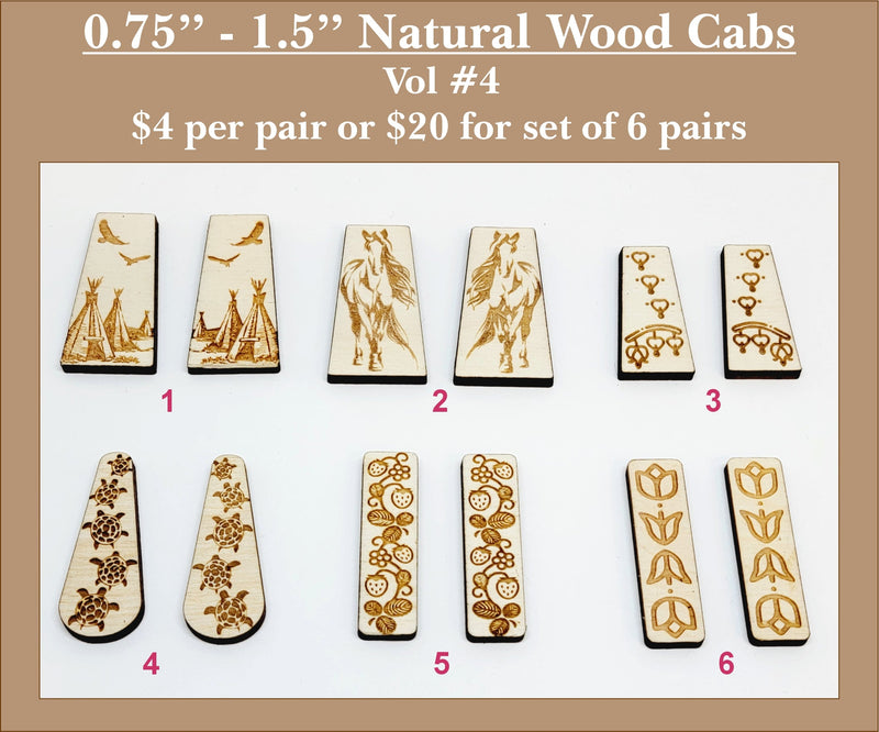 Six pairs of 0.75 to 1.5 inch natural wood cabochons (cabs) with engraved birds, florals and symbols in long tapered shapes