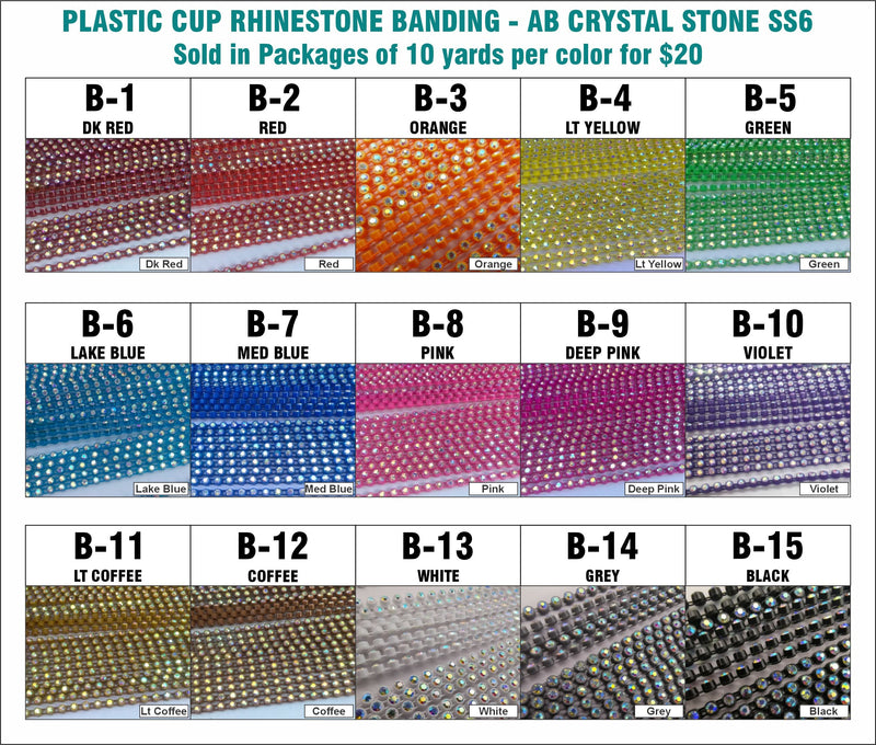 Chart of 15 colours of ss6 plastic cup rhinestone banding with AB crystal stones, from dark red to black