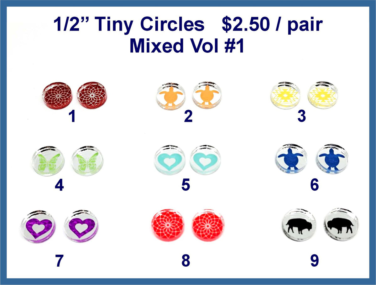 Mixed Vol #1 set of 1/2 inch mirror circle cabochons with hearts, turtles, butterflies, bison and flowers