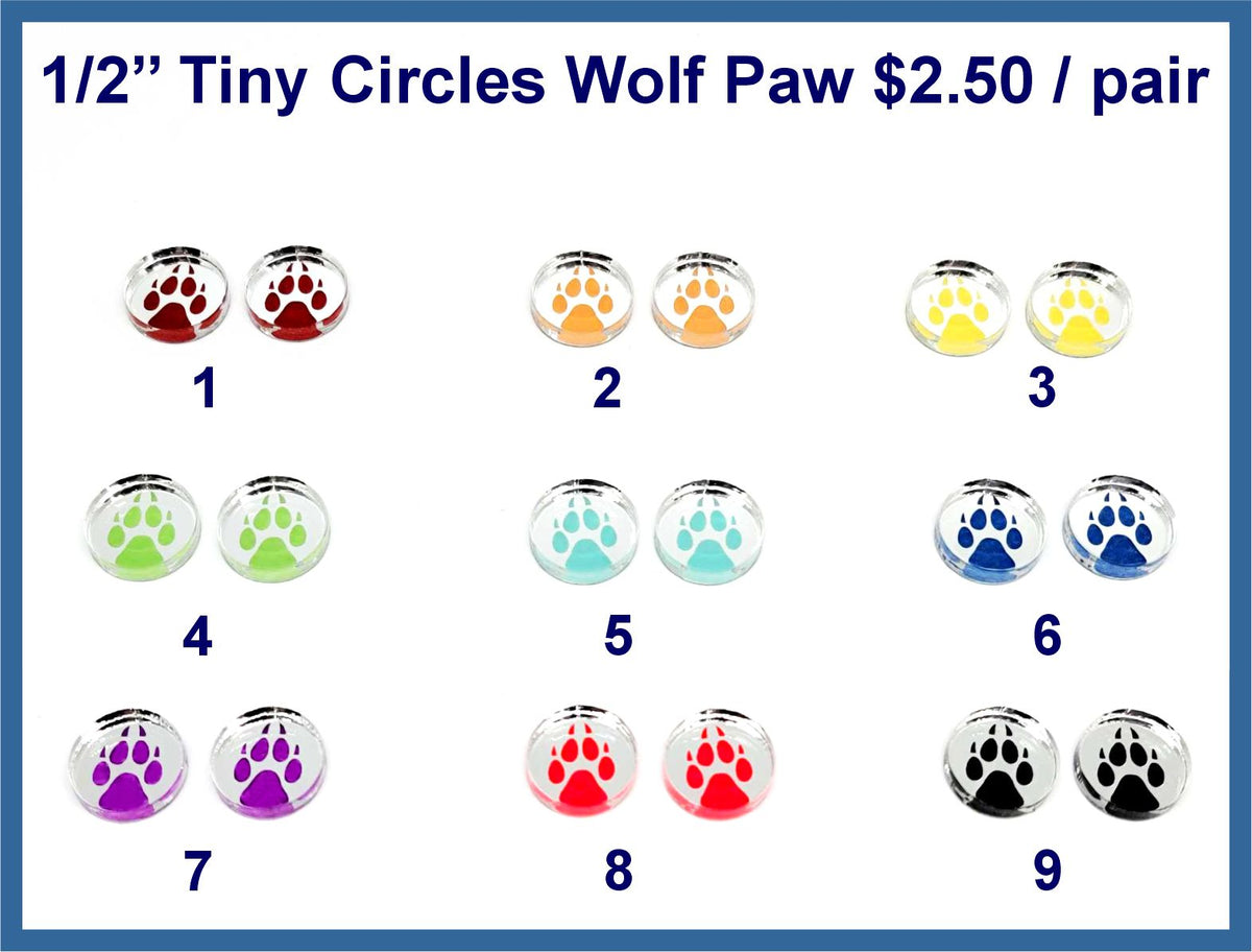 Same 1/2 inch mirror circle cabs with wolf paw prints in nine colours
