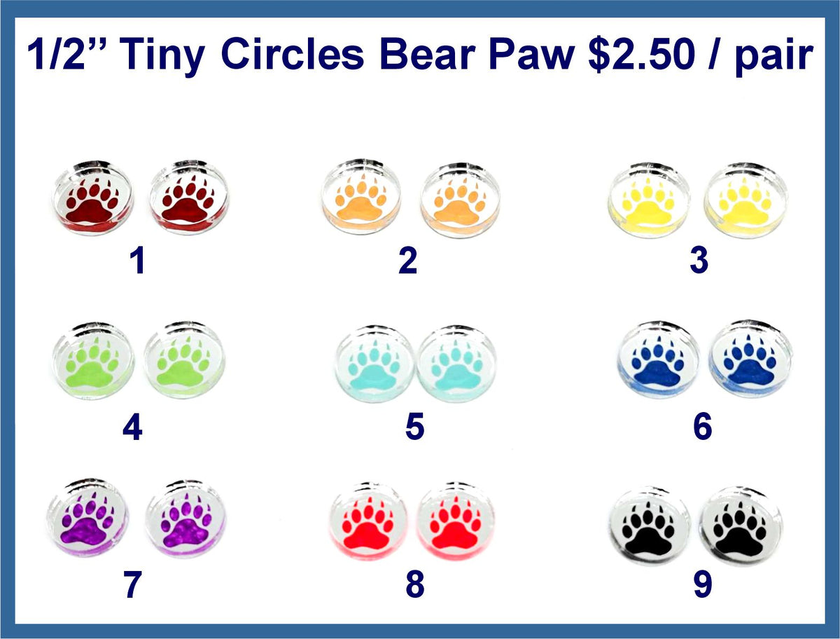 Nine pairs of 1/2 inch silver mirror circle cabochons (cabs) with bear paw prints in nine colours