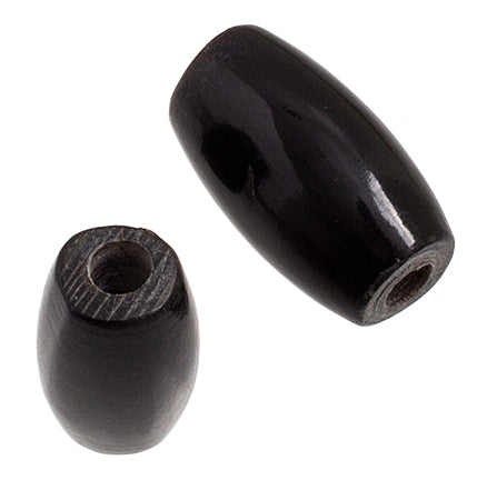 Two black 0.5 inch bone hairbone pipe beads showing the drilled centre hole
