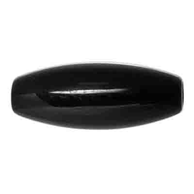 Black acrylic hairbone pipe bead, a long tapered oval on a white background