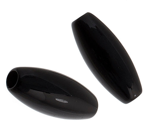 Two black acrylic hairbone pipe beads showing their tapered oval shape