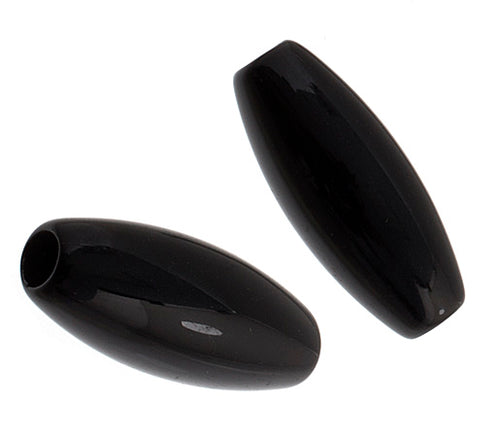 Two black acrylic hairbone pipe beads showing their tapered oval shape