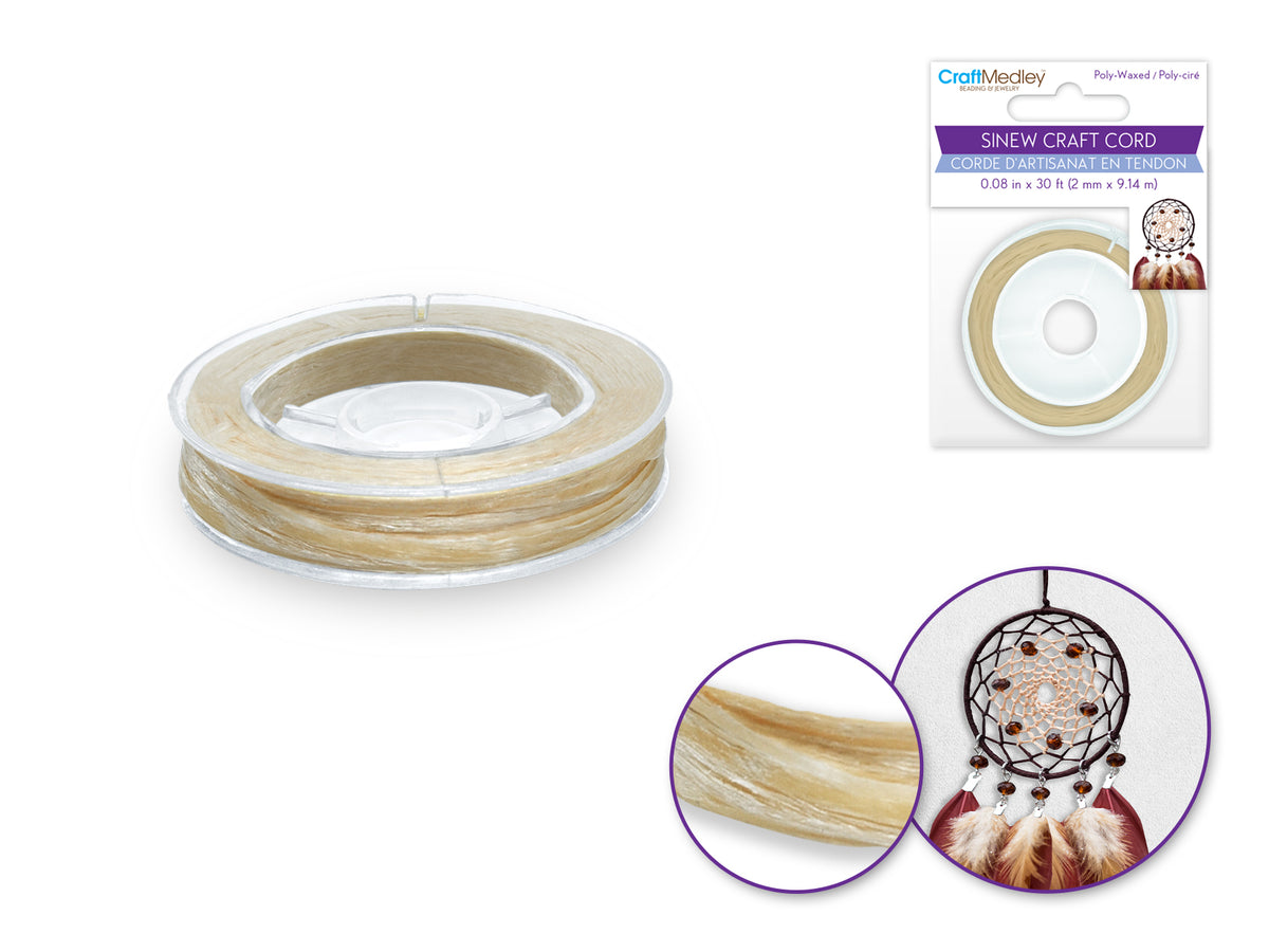Spool of 2mm sand poly-waxed sinew with a dreamcatcher on the label