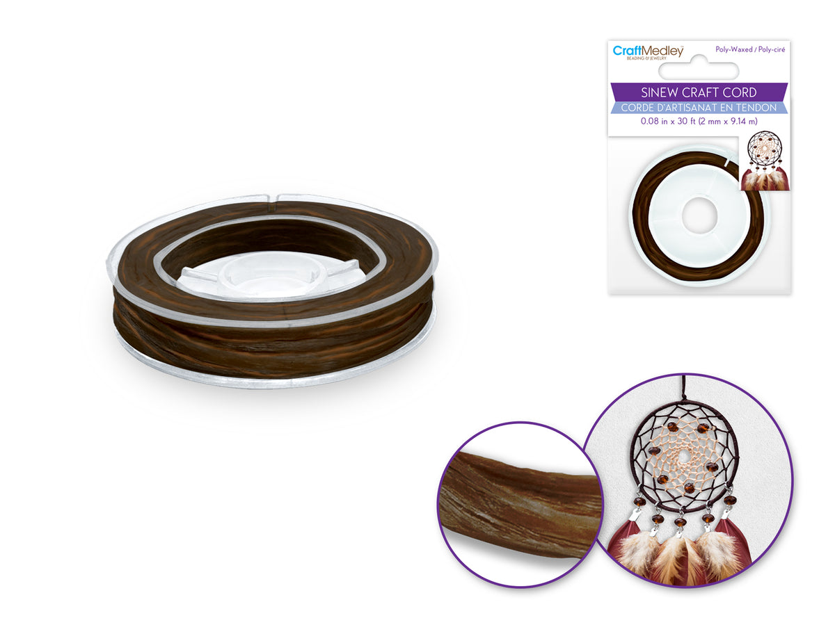 Spool of 2mm coffee poly-waxed sinew with a dreamcatcher on the label