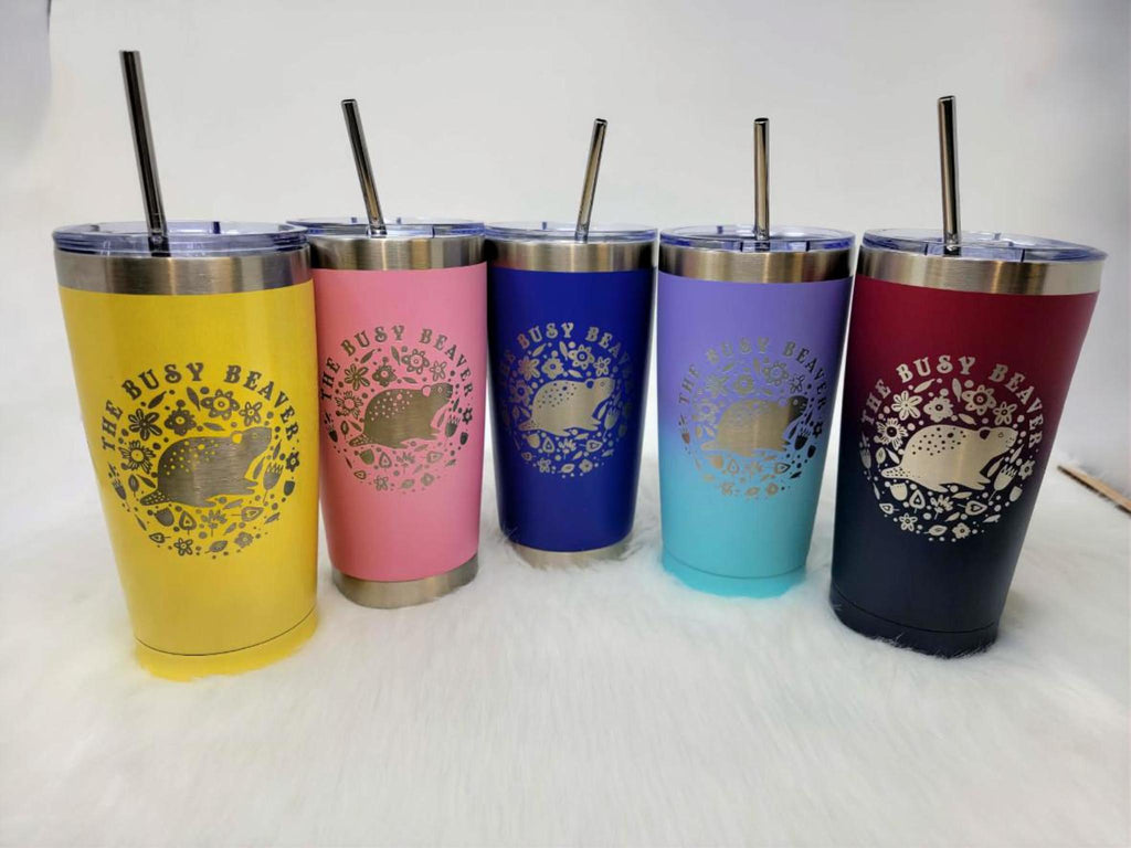 Five tumblers in yellow, pink, blue, aqua and red-to-navy, engraved with a round beaver logo