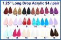 Eighteen pairs of 1.25 inch contour-cut acrylic long drop cabochons (cabs) in glitter, marbled and solid colours