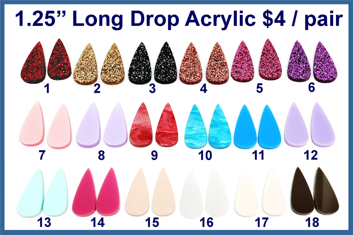 Eighteen pairs of 1.25 inch contour-cut acrylic long drop cabochons (cabs) in glitter, marbled and solid colours