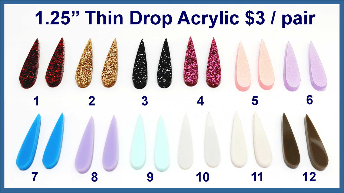 Twelve pairs of 1.25 inch contour-cut acrylic thin drop cabochons (cabs) in glitter and solid colours