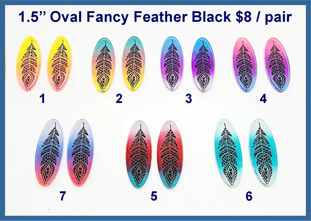 Seven pairs of 1.5 inch black acrylic oval cabochons (cabs) with engraved feathers in ombre colours