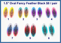 Seven pairs of 1.5 inch black acrylic oval cabochons (cabs) with engraved feathers in ombre colours