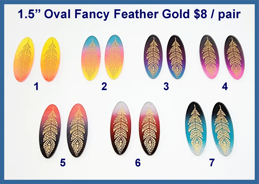 Seven pairs of gold acrylic oval feather cabs in ombre colours, numbered 1 to 7