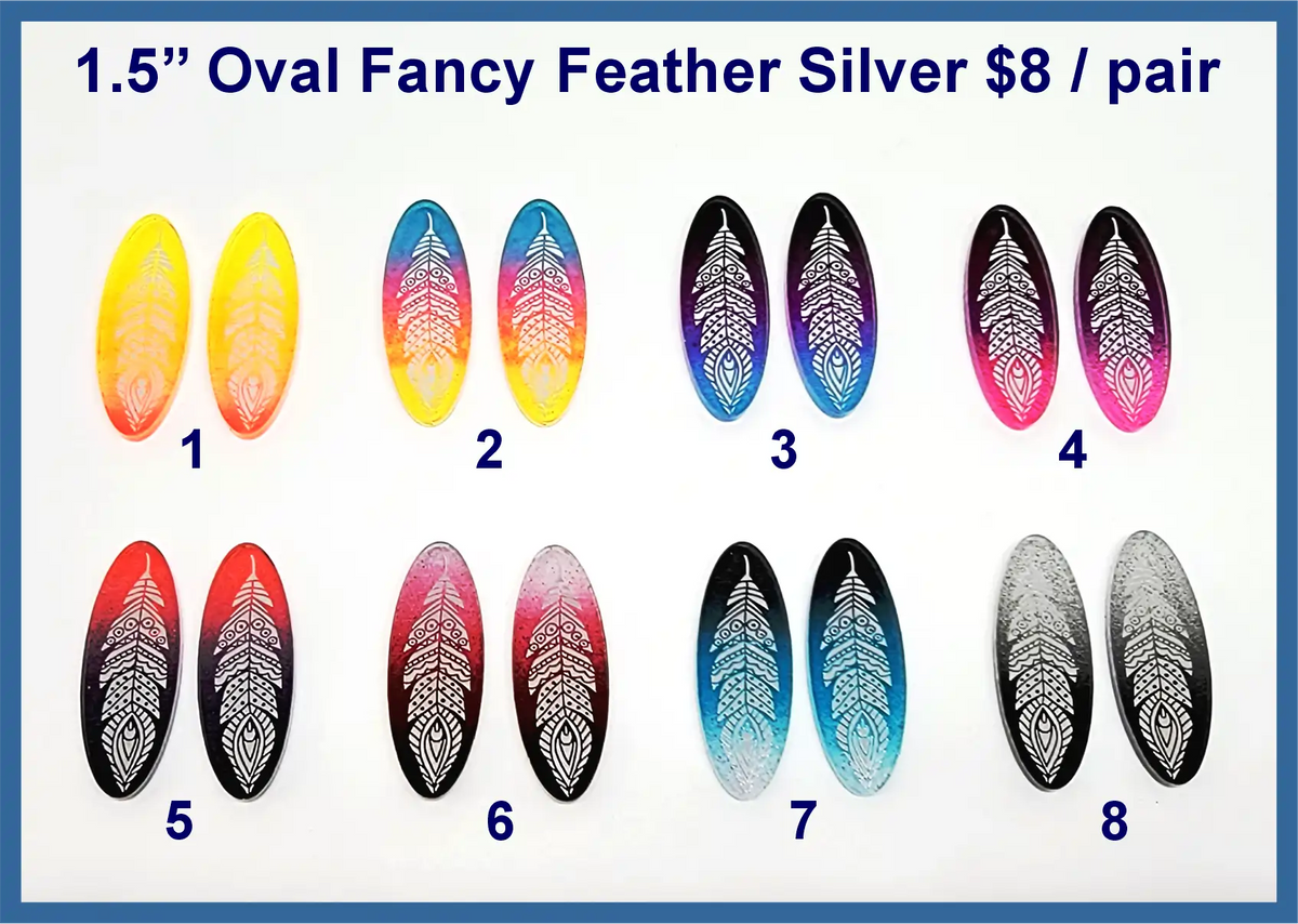 Eight pairs of silver mirror acrylic oval feather cabochons in ombre colours