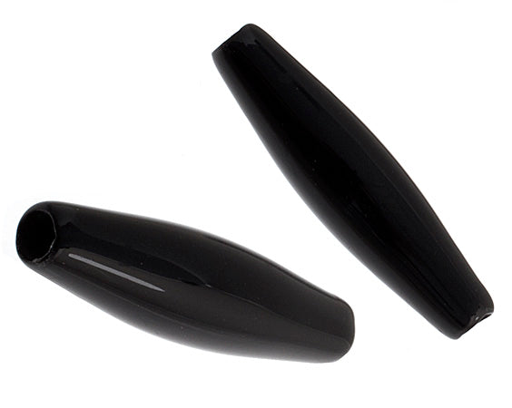 Two black 1.5 inch acrylic hairbone pipe beads at an angle on a white background