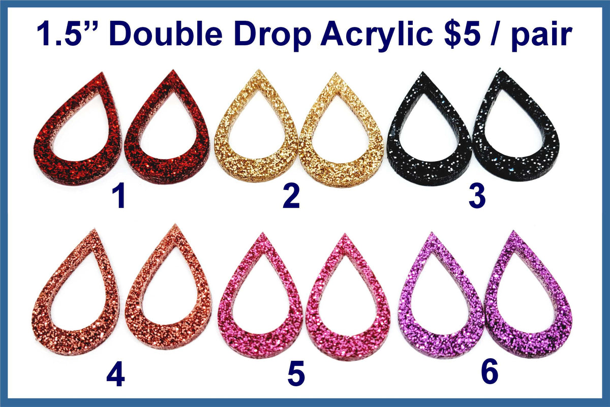 Six pairs of 1.5 inch contour-cut acrylic open double drop cabochons (cabs) in glitter colours