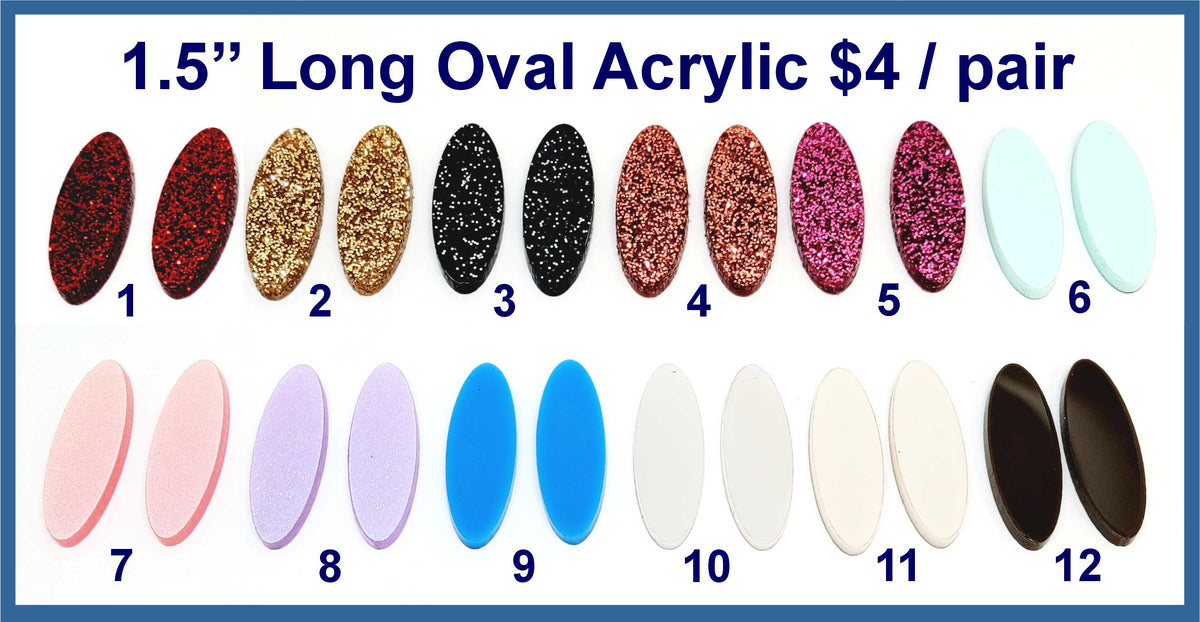Twelve pairs of 1.5 inch contour-cut acrylic long oval cabochons (cabs) in glitter and solid colours