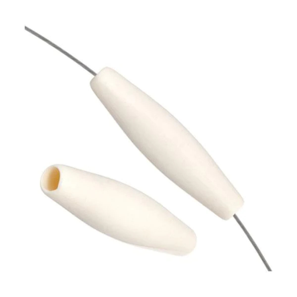 Two white 1.5 inch acrylic hairbone pipe beads, one threaded on a wire