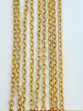 Hanging strands of 1.5mm gold stainless steel link chain against a white background