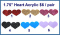 Six pairs of 1.75 inch contour-cut acrylic heart cabochons (cabs) in glitter and solid colours