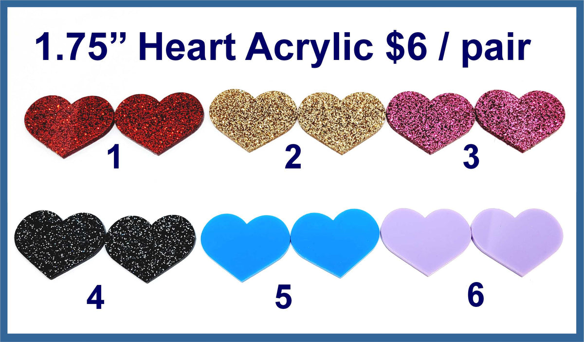 Six pairs of 1.75 inch contour-cut acrylic heart cabochons (cabs) in glitter and solid colours