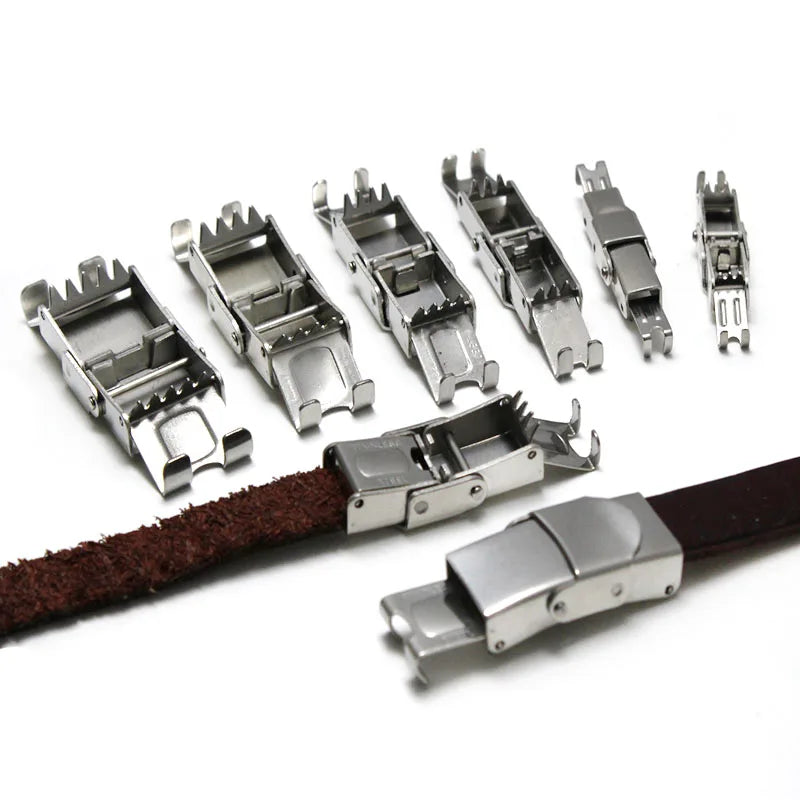 Stainless steel crimp jaw clasps in several sizes with brown leather cord