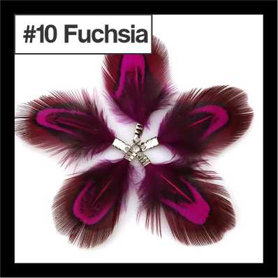 Five 4.5cm feather tassels in a ring, brown speckled feathers with fuchsia edging, labelled #10