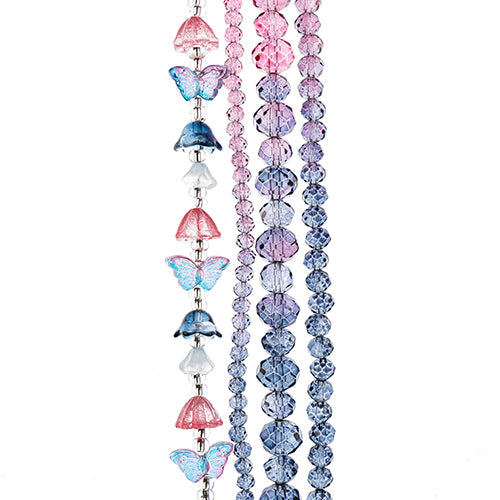 Four strands of Crystal Lane glass beads with flower, leaf and faceted round beads in a pink to Montana mix