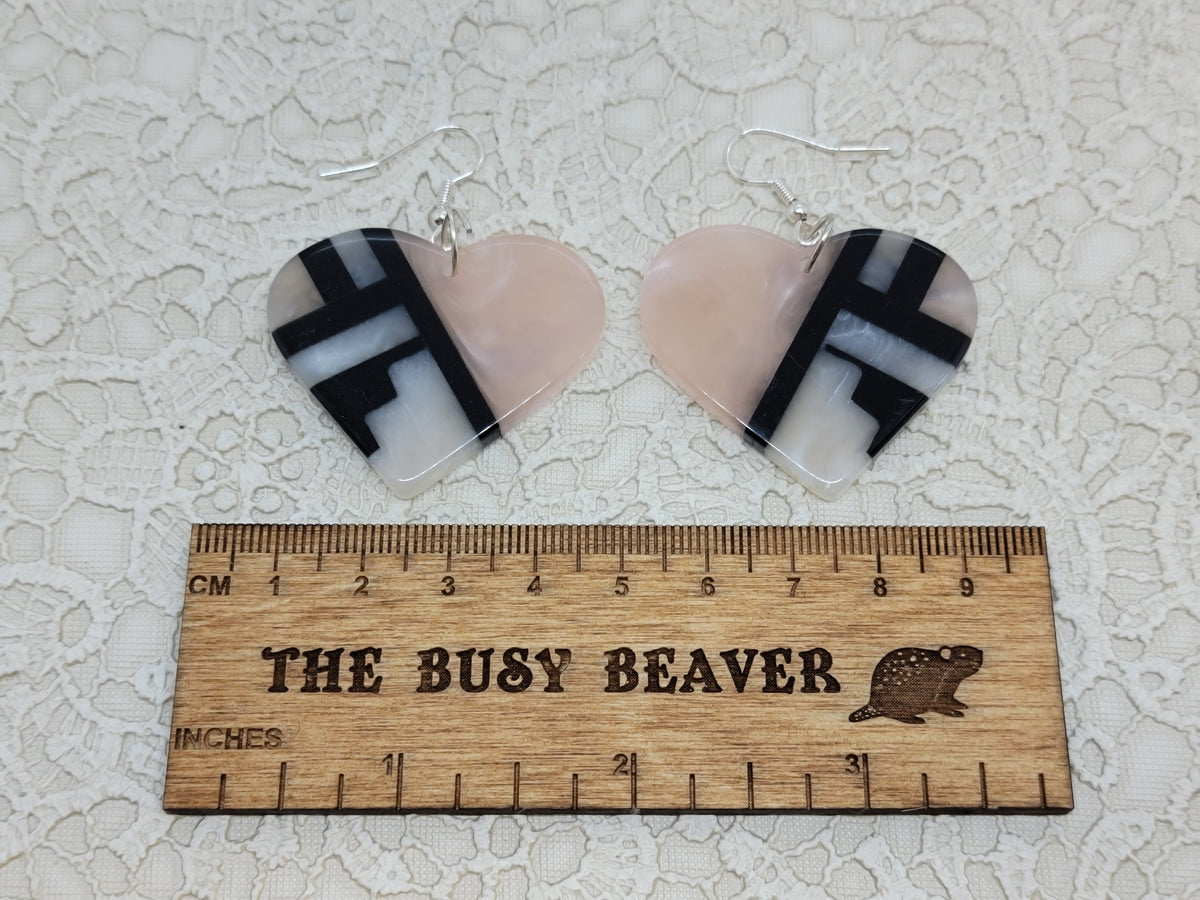 Pair of heart resin slab inlay earrings, combo #10: blush pink with black and white inlay