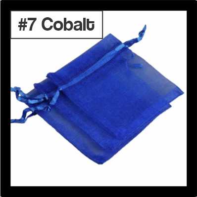 Sheer cobalt organza drawstring bags with satin ties, with a numbered colour label