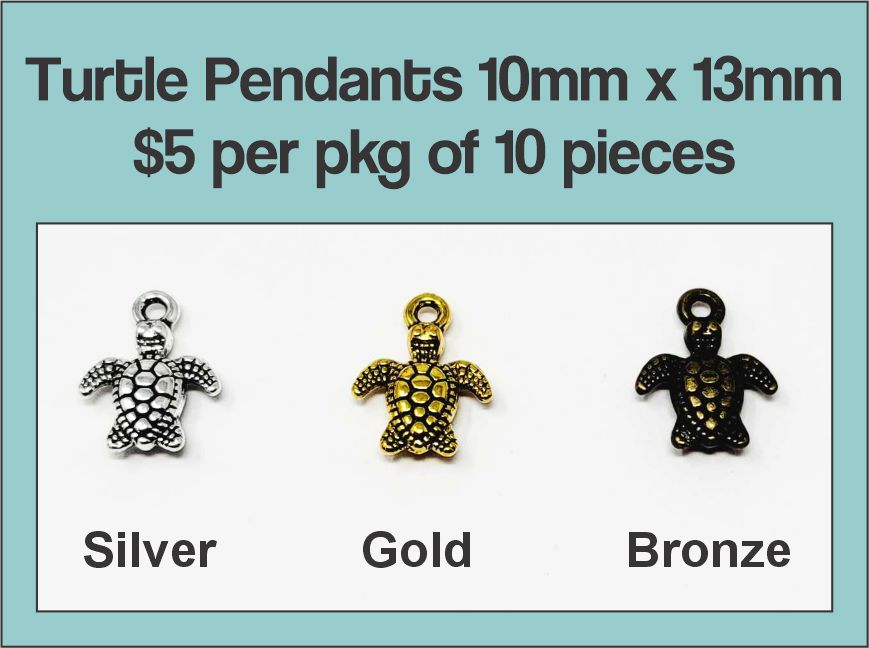Turtle pendants, 10 x 13mm, shown in silver, gold and bronze with a textured shell