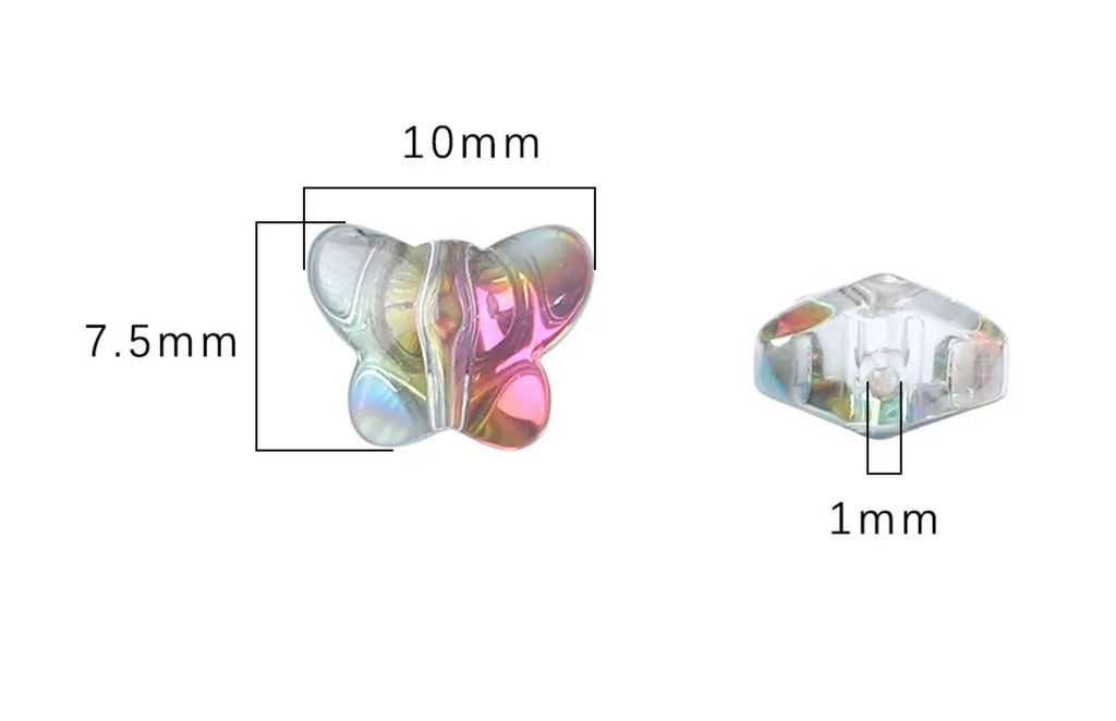 Size diagram of a 7.5 x 10mm glass butterfly bead with a 1mm hole
