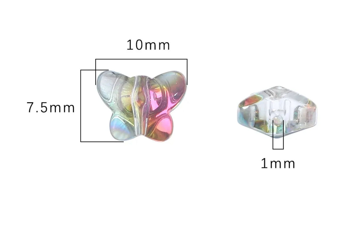 Size diagram of a 7.5 x 10mm glass butterfly bead with a 1mm hole