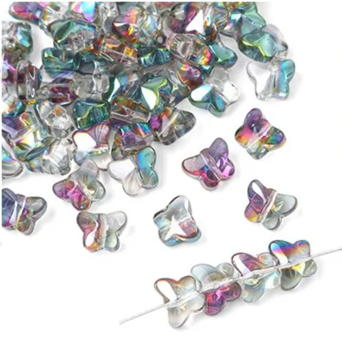 Pile of 7.5 x 10mm glass butterfly beads in plated iridescent colours