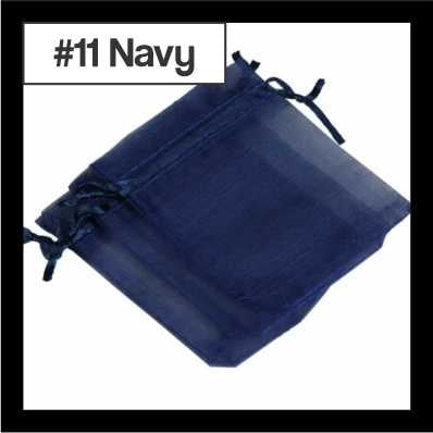 Sheer navy organza drawstring bags with satin ties, with a numbered colour label