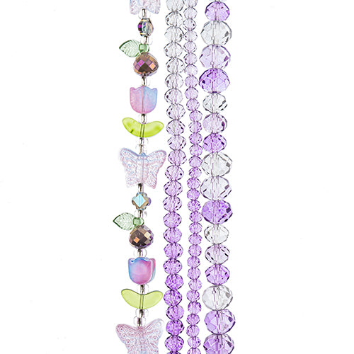 Four strands of Crystal Lane glass beads with flower, leaf and faceted round beads in an ombre purple mix