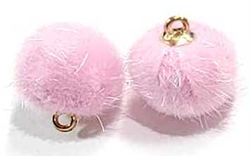 Pair of 15mm pink faux mink pom pom tassels with gold-tone caps and loops
