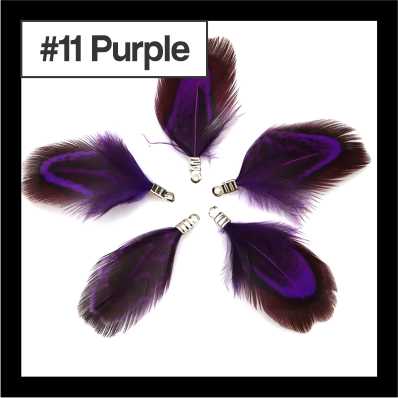 Five 4.5cm feather tassels in a ring, brown speckled feathers with purple edging, labelled #11