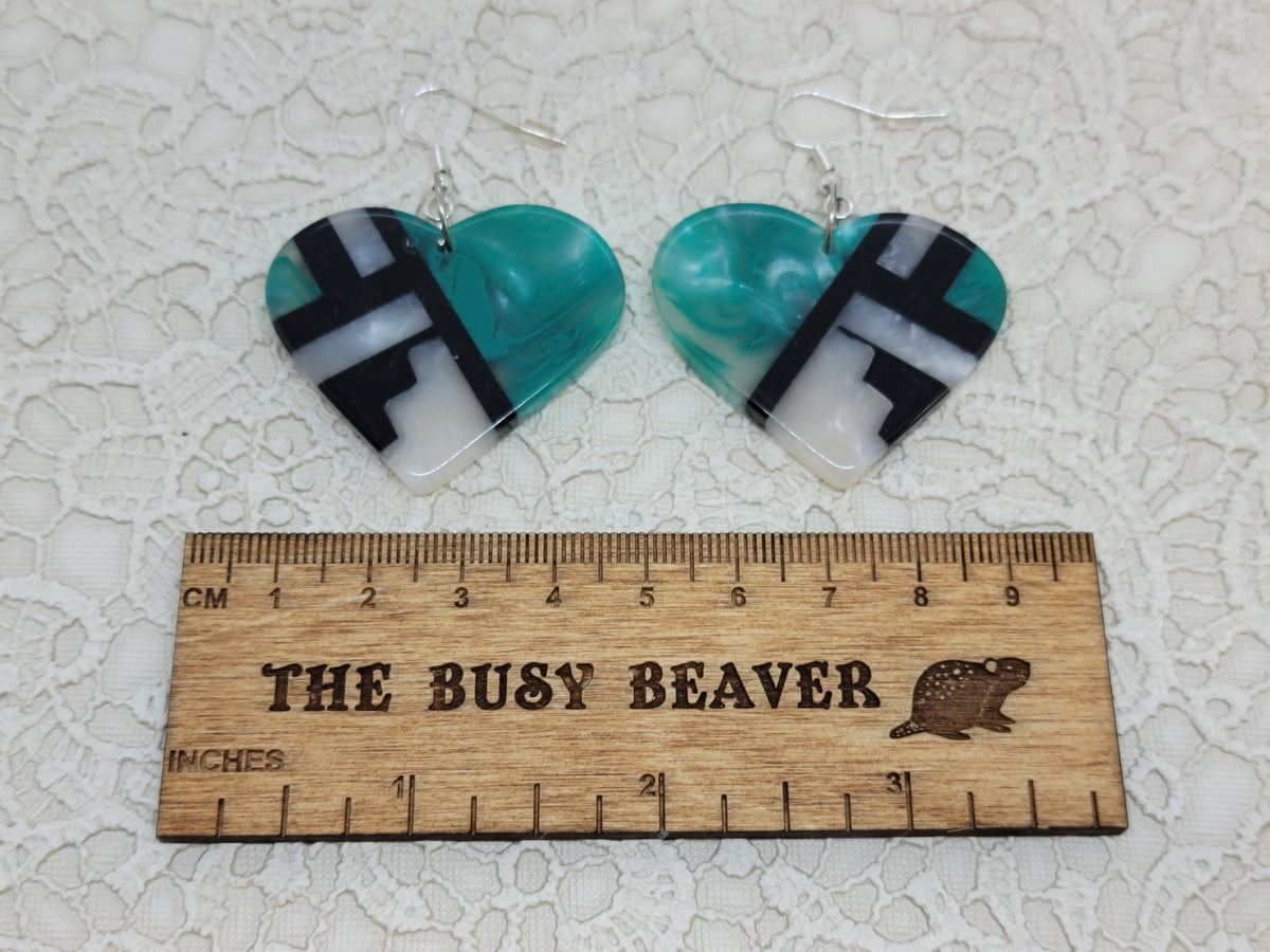 Pair of heart resin slab inlay earrings, combo #11: teal marble with black, white and clear inlay