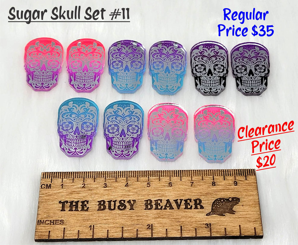 Sugar skull set #11: five pairs of ombre acrylic sugar skull cabochons (cabs) in pink, purple, black and blue