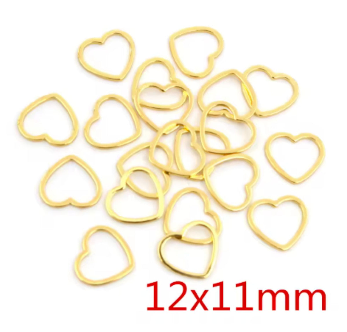 Pile of gold stainless steel open heart bezel frames, labelled 12 x 11mm