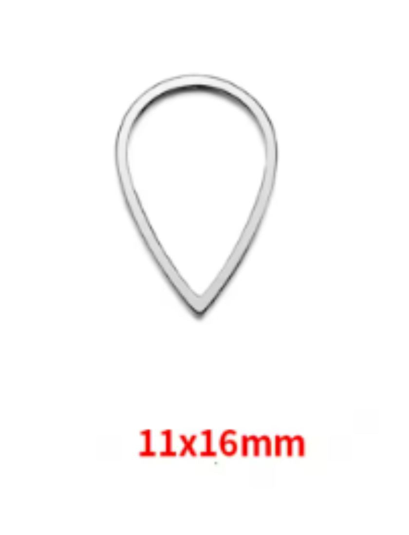 Single silver stainless steel open teardrop bezel frame with a 11 x 16mm size label