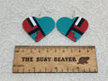 Pair of heart resin slab inlay earrings, combo #12: teal with red, black and white inlay