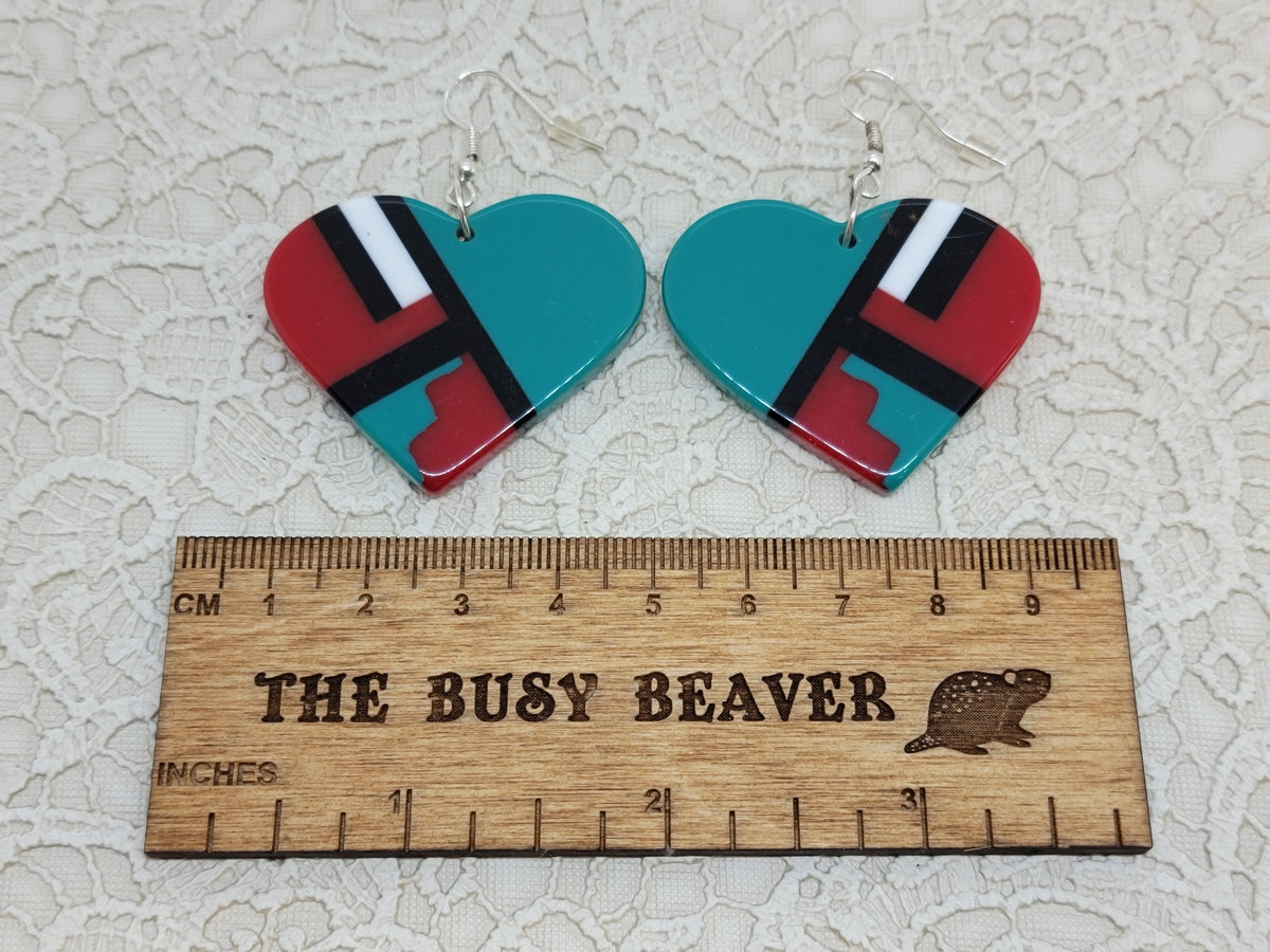 Pair of heart resin slab inlay earrings, combo #12: teal with red, black and white inlay