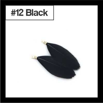 Pair of 4.5cm black feather tassels with gold-tone caps, labelled #12