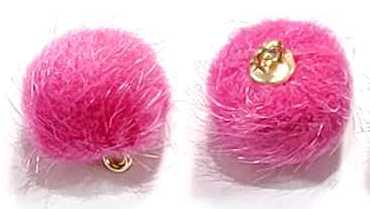 Pair of 15mm fuchsia faux mink pom pom tassels with gold-tone caps and loops