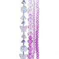Four strands of Crystal Lane glass beads with flower, leaf and faceted round beads in a light purple to purple mix