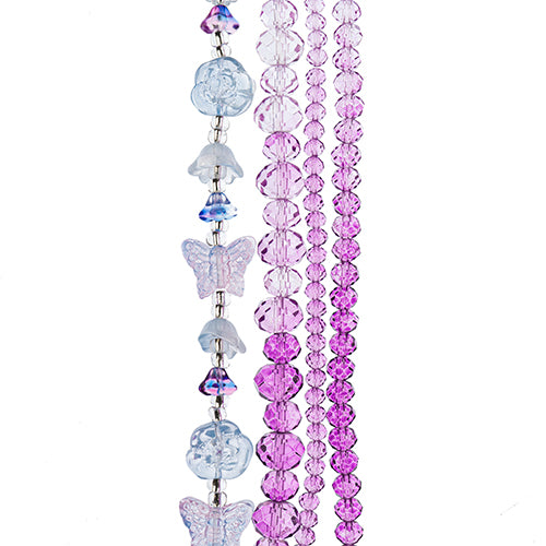Four strands of Crystal Lane glass beads with flower, leaf and faceted round beads in a light purple to purple mix